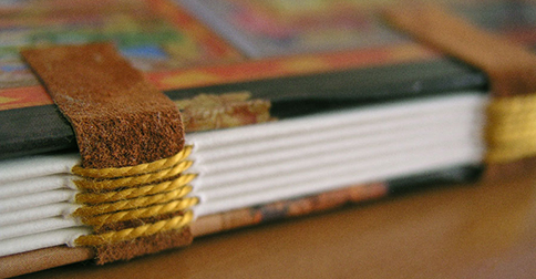 A close-up of a bound book.