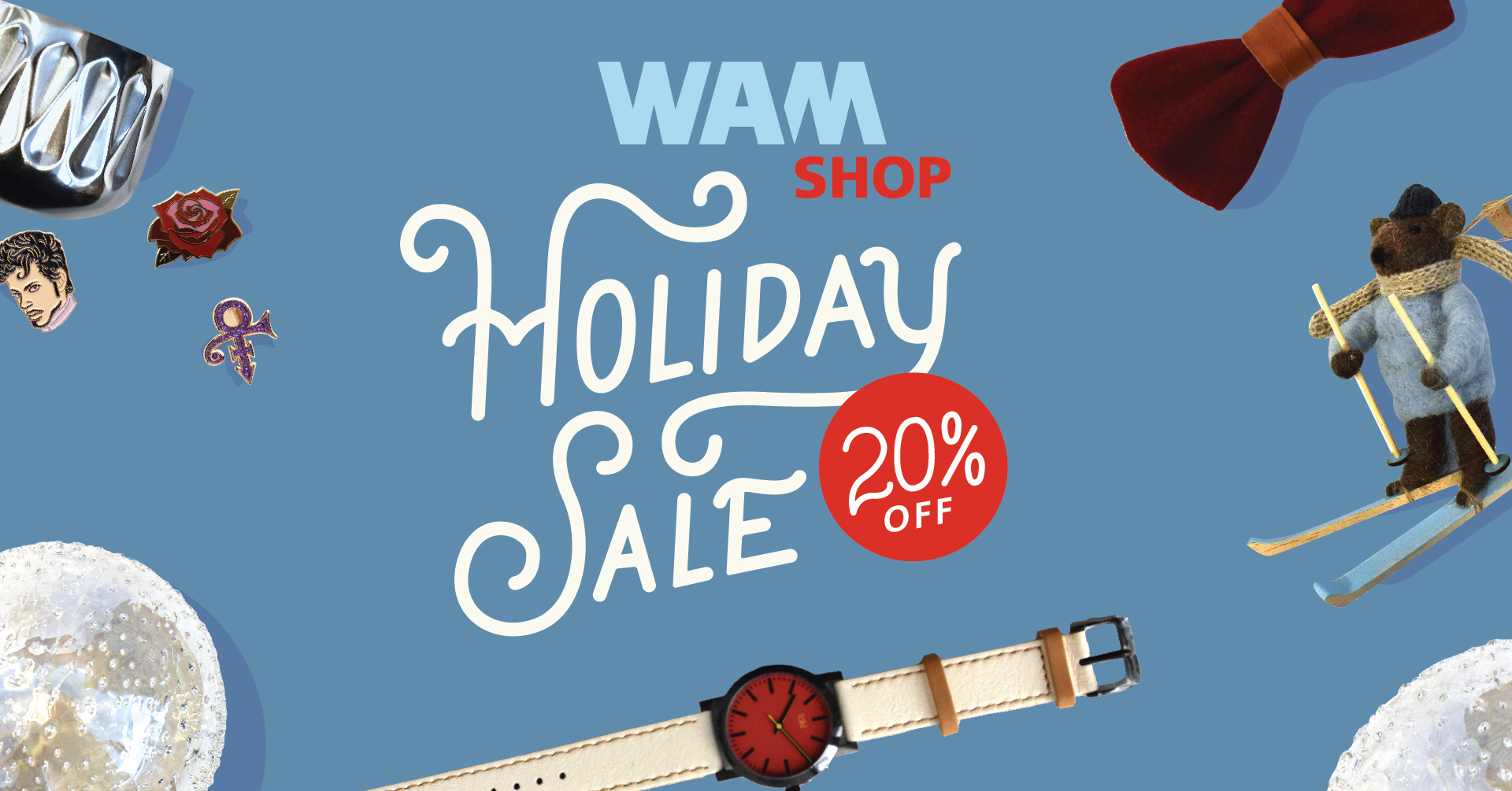 gift shop items with text: WAM Shop Holiday Sale 20% Off