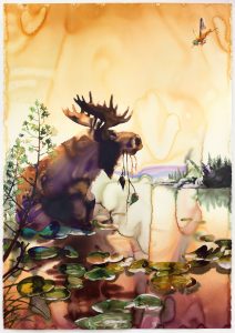 moose in a lake painting