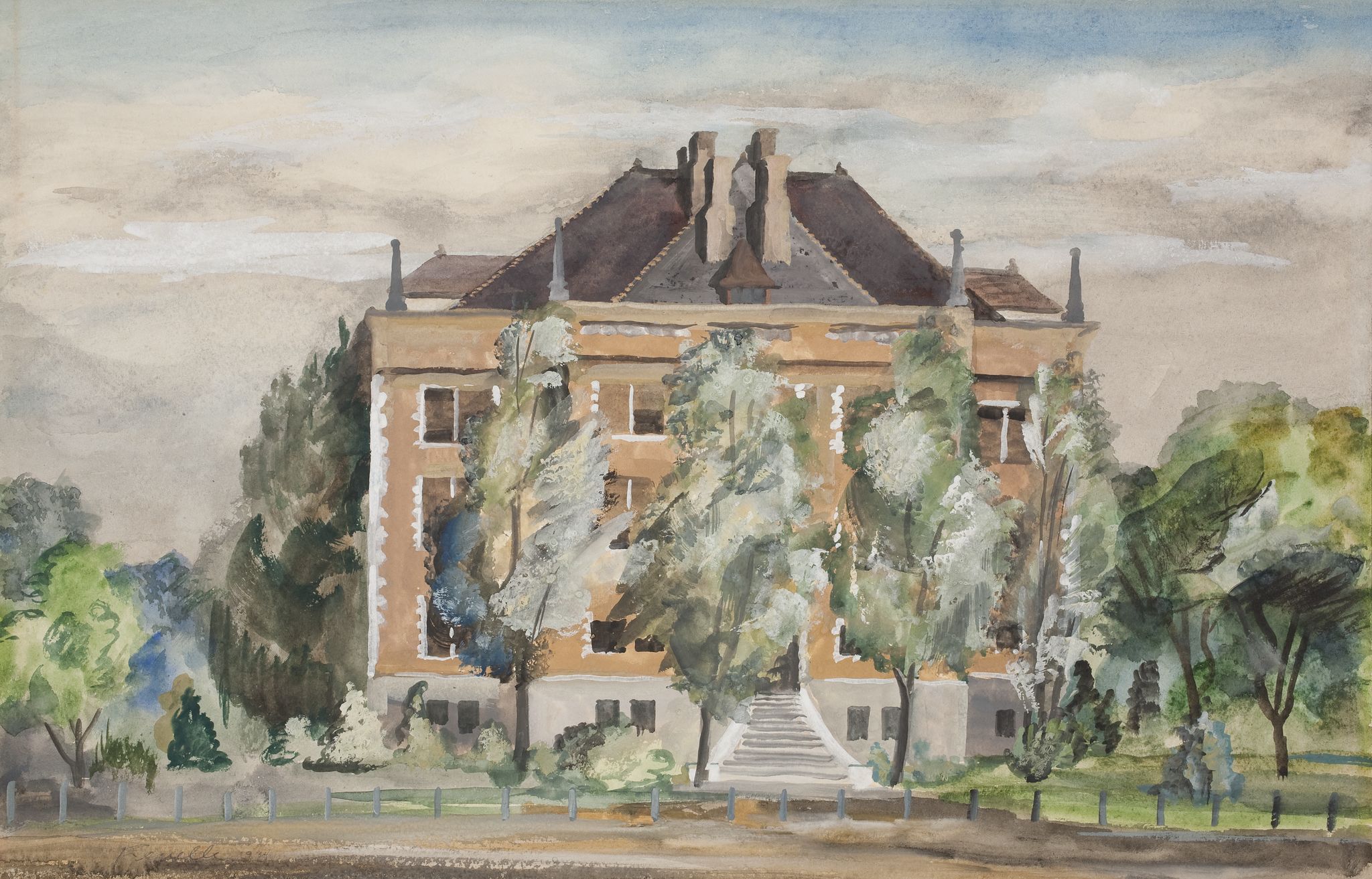 Painting of a building surrounded by trees