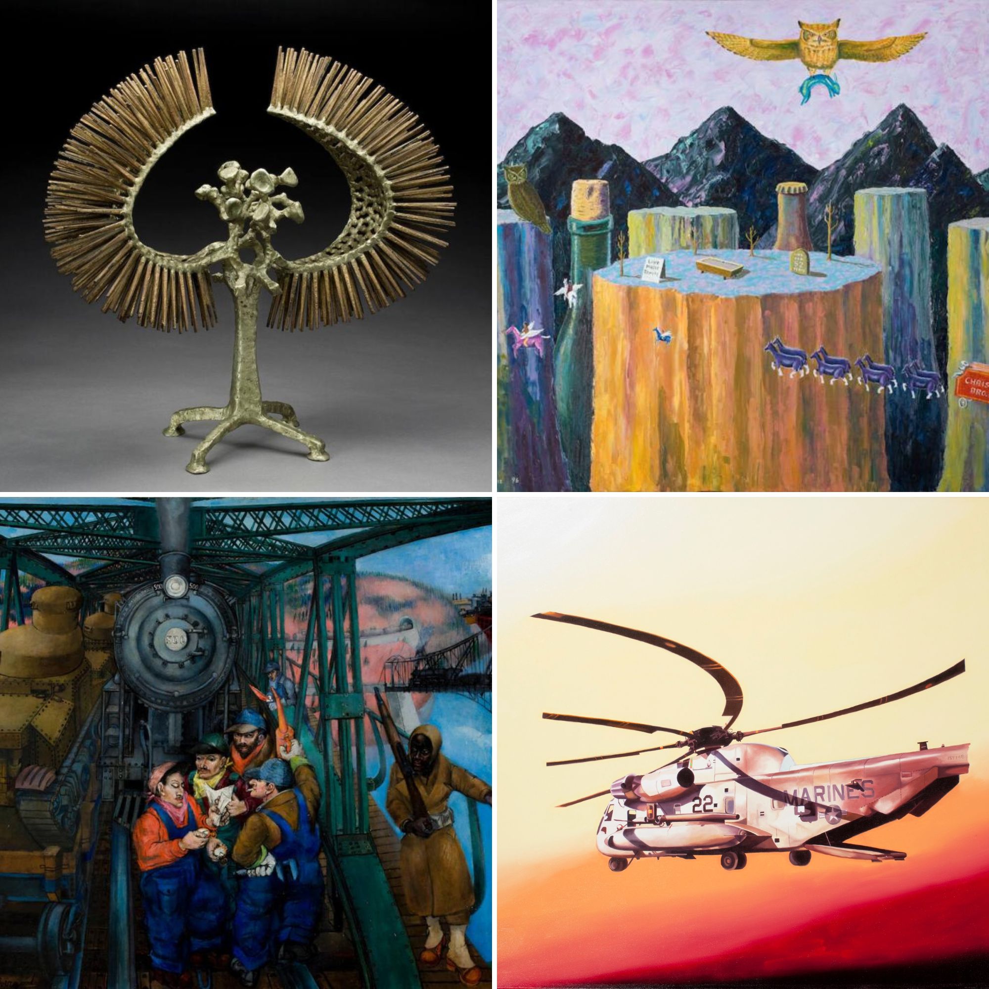 scultpure (top left), imaginative painting of flying creatures (top right), painting of railroad workers (bottom left), painting of a helecopter (bottom right)
