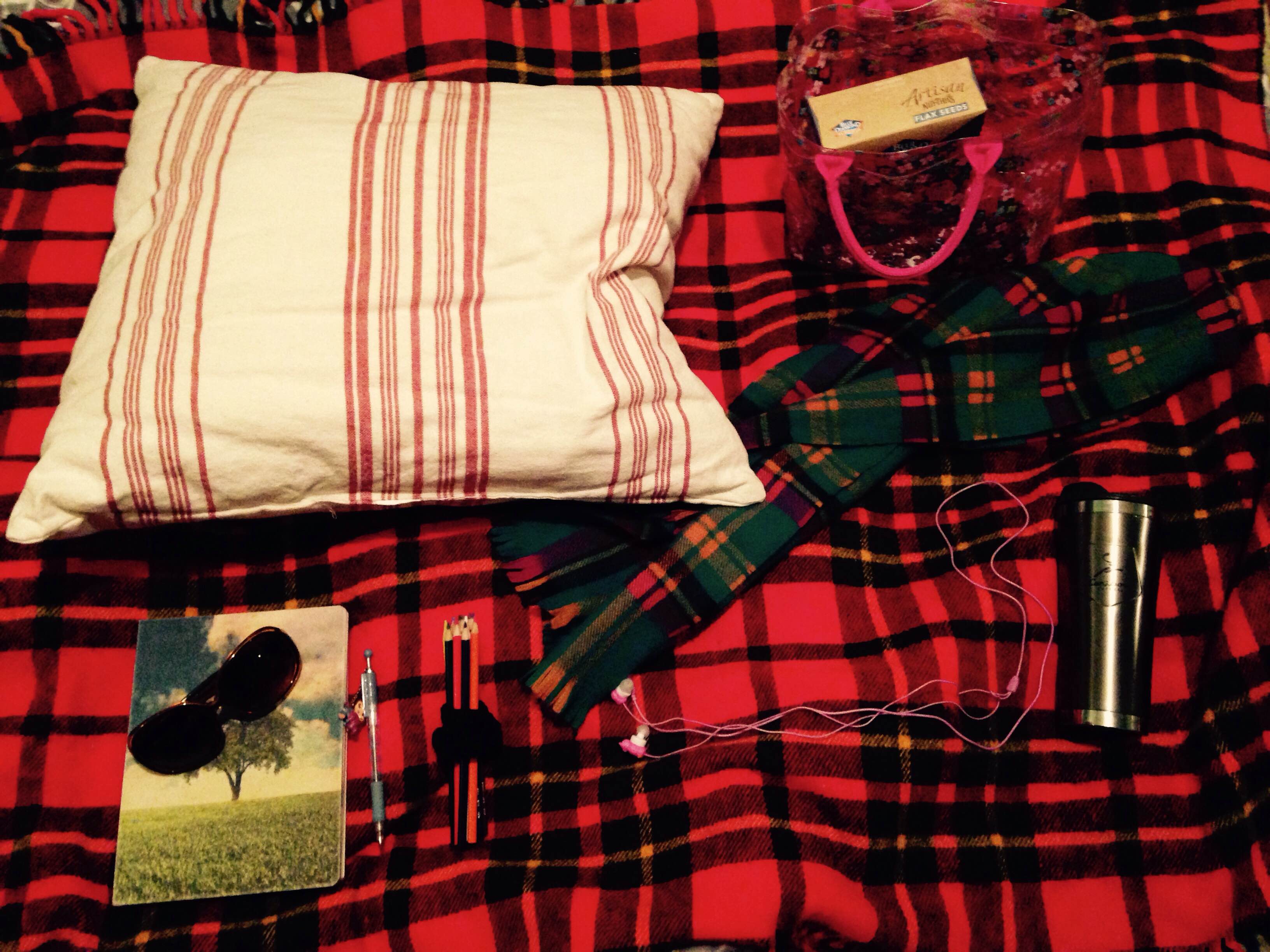 Pillow, notebook, pencils, earbuds, and a cup on a flannel blanket