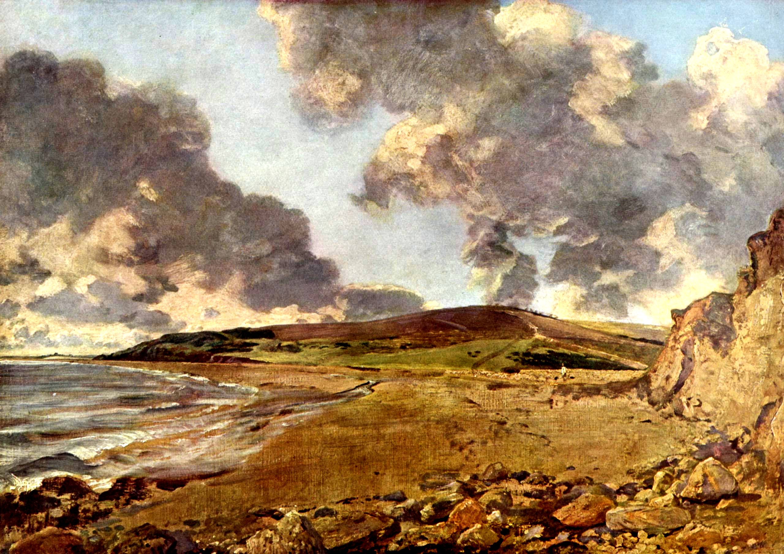 A painting of a rocky shore