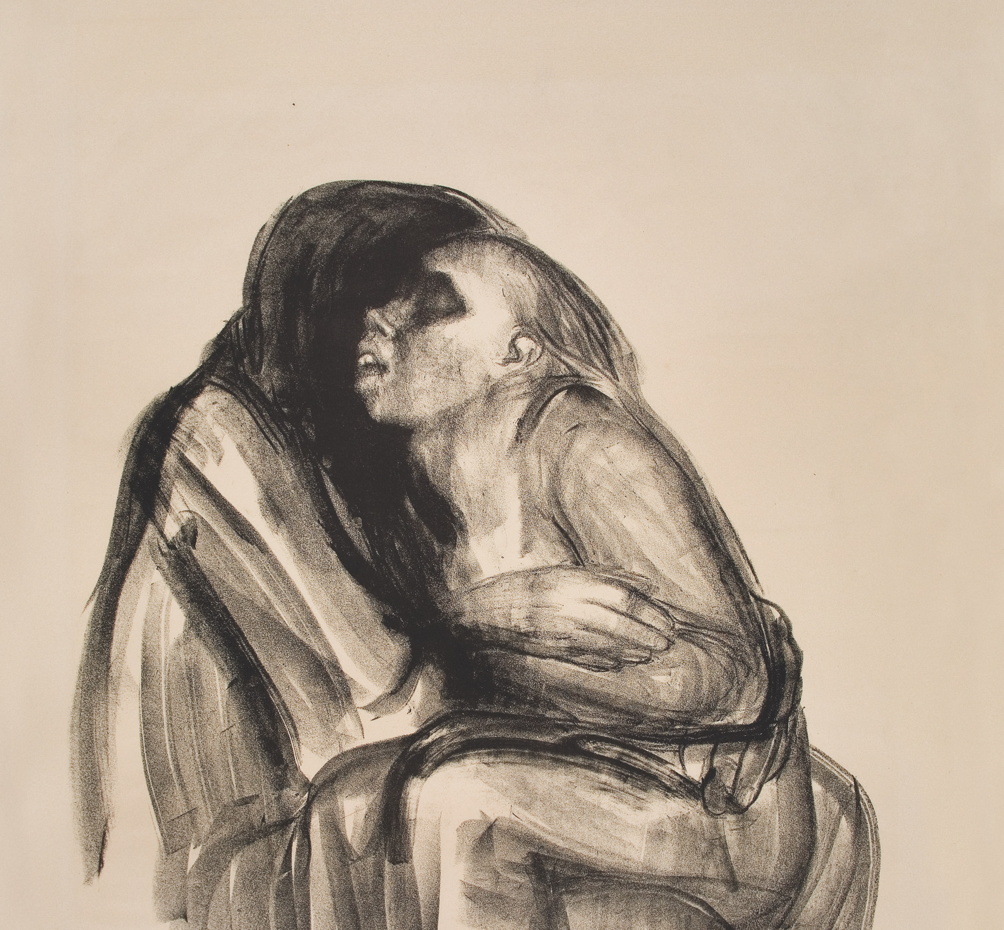 charcoal drawing of two people embracing