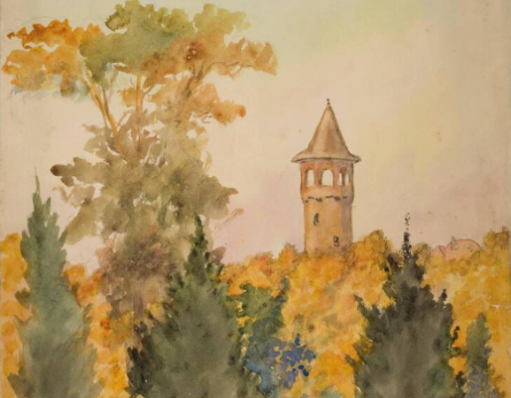 A sepia, yellow, and green toned watercolor painting of a tower just visible above the treeline.