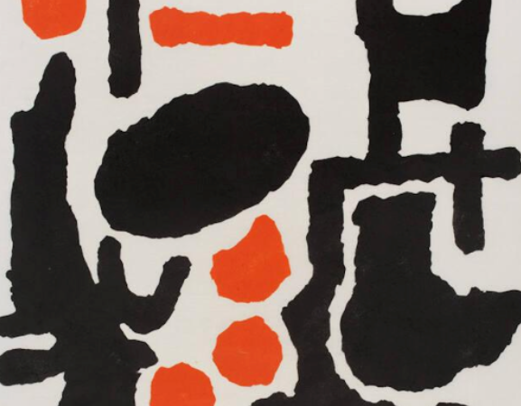 John Von Wicht, Stencil on Japanese Paper. Black and bright orange abstract symbols with a navy blue accent.