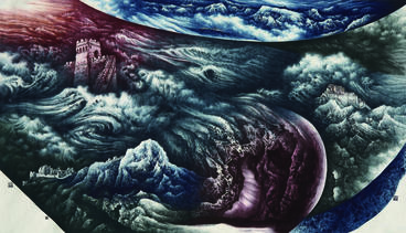 Jizi, Dao with Long Wind, 2011, ink on paper. castle and waves.