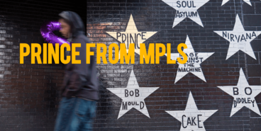 person walking in front of painted brick wall, text overlay: "prince from mpls"