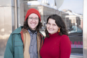 (Left to right) Joe Price and Olivia Schumack pose for a picture outside of the WAM Shop. Schumack wears the Stone Arch "Claymate" earrings.