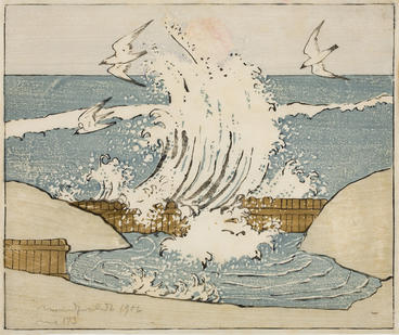 woodcut of wave splashing over sea wall