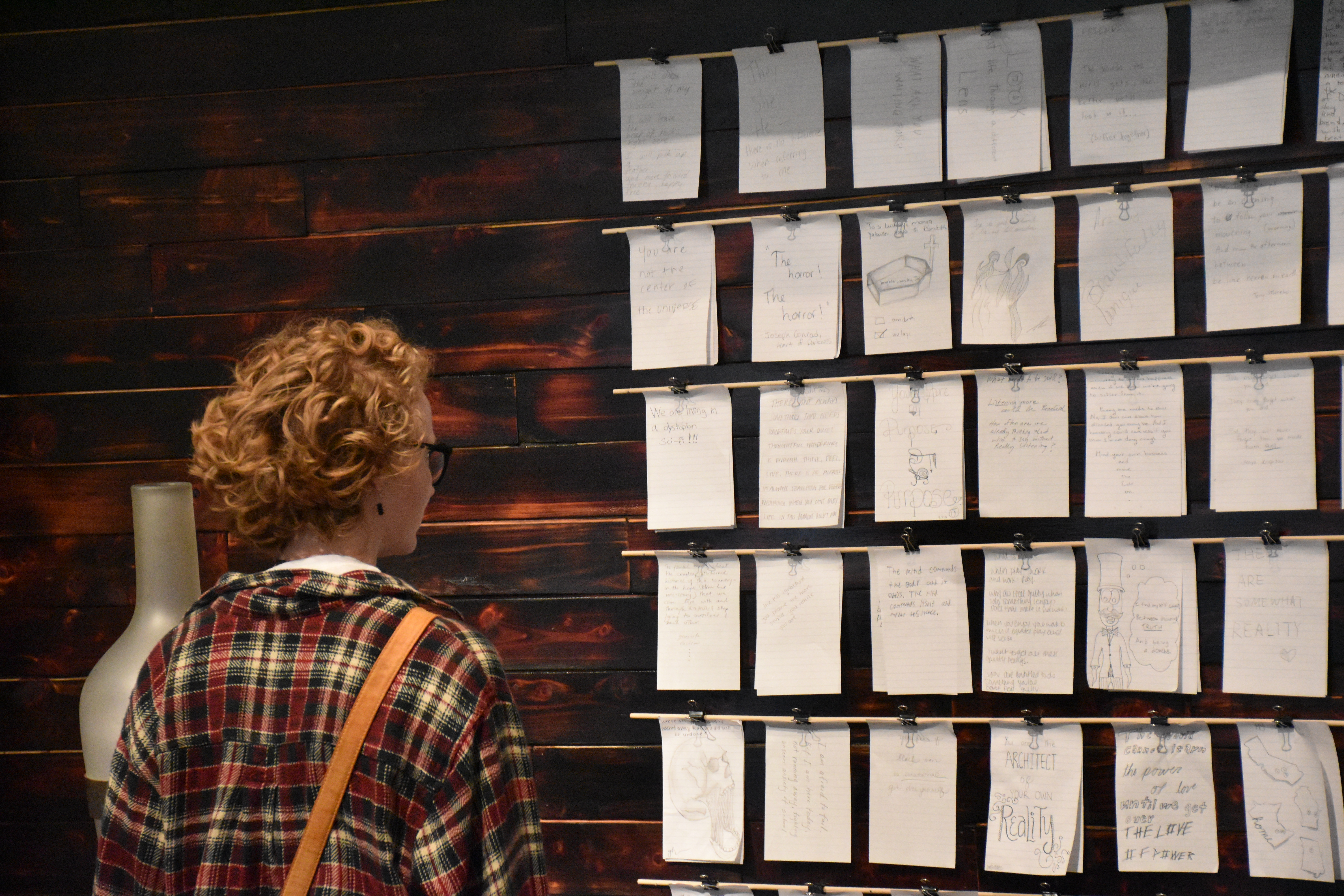 person viewing documents displayed on wooden wall