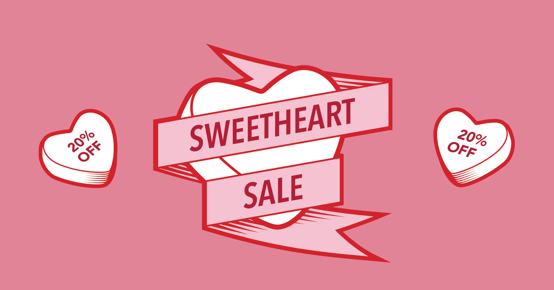 white hearts on pink background with text "sweetheart sale 20% off"