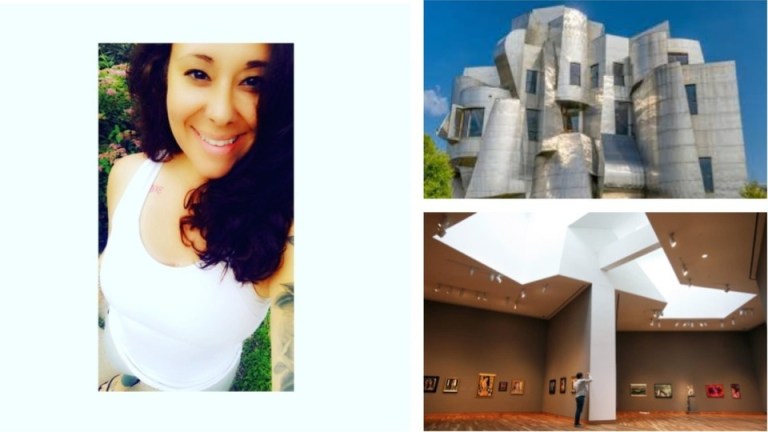 A woman in a white shirt and the Weisman art museum
