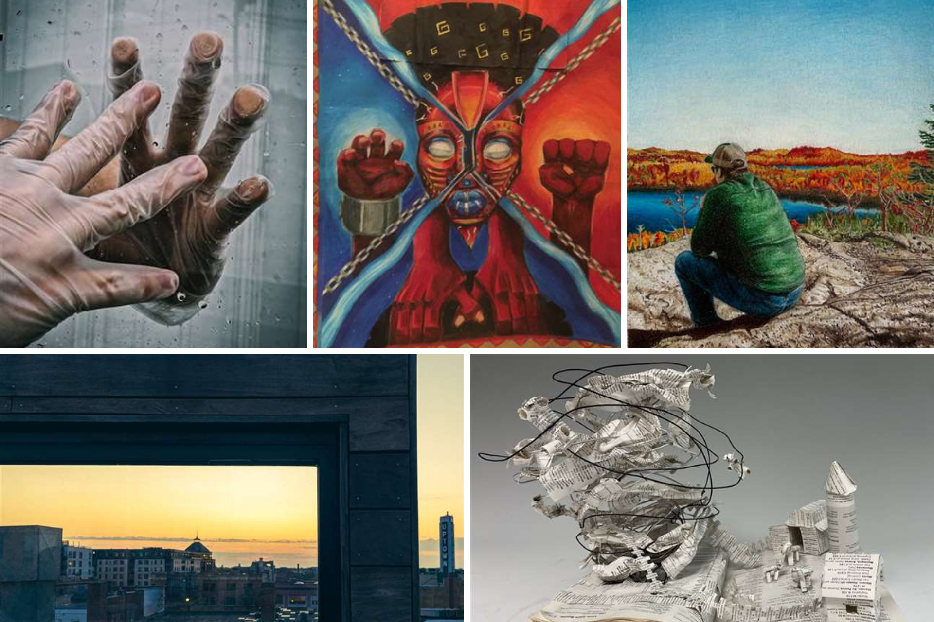 A Hand wearing a latex glove, a painting, a person sitting on a rock, a sunset, and a newspaper sculpture