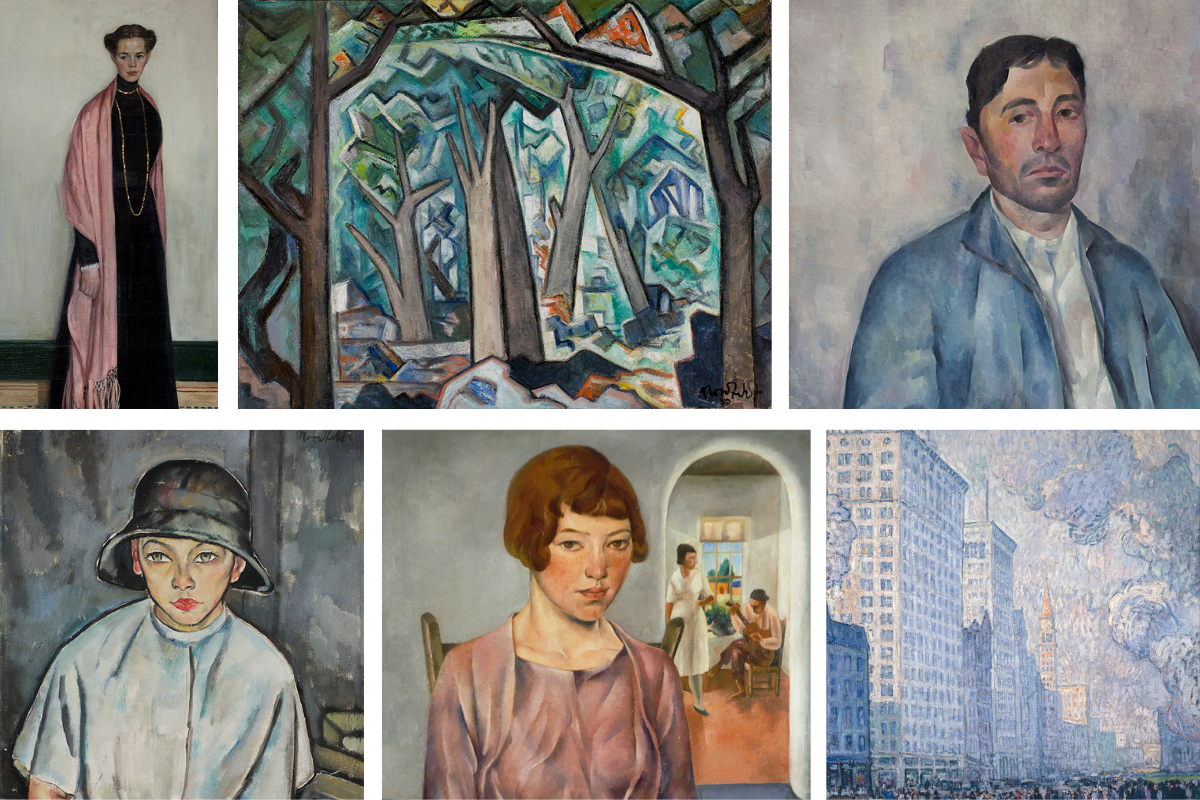 Several paining portraits along with a painting of a forest and a painting of a building.