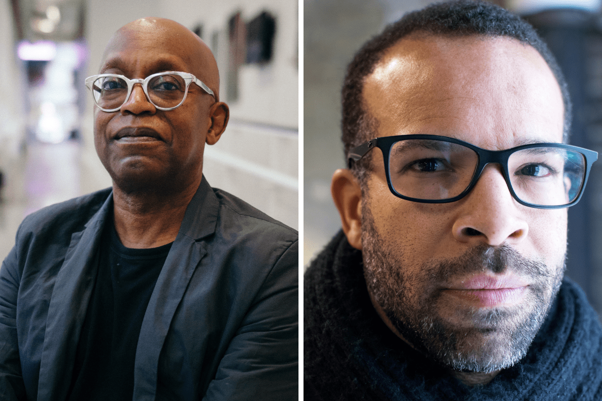 Two photo portraits side by side of different people wearing glasses