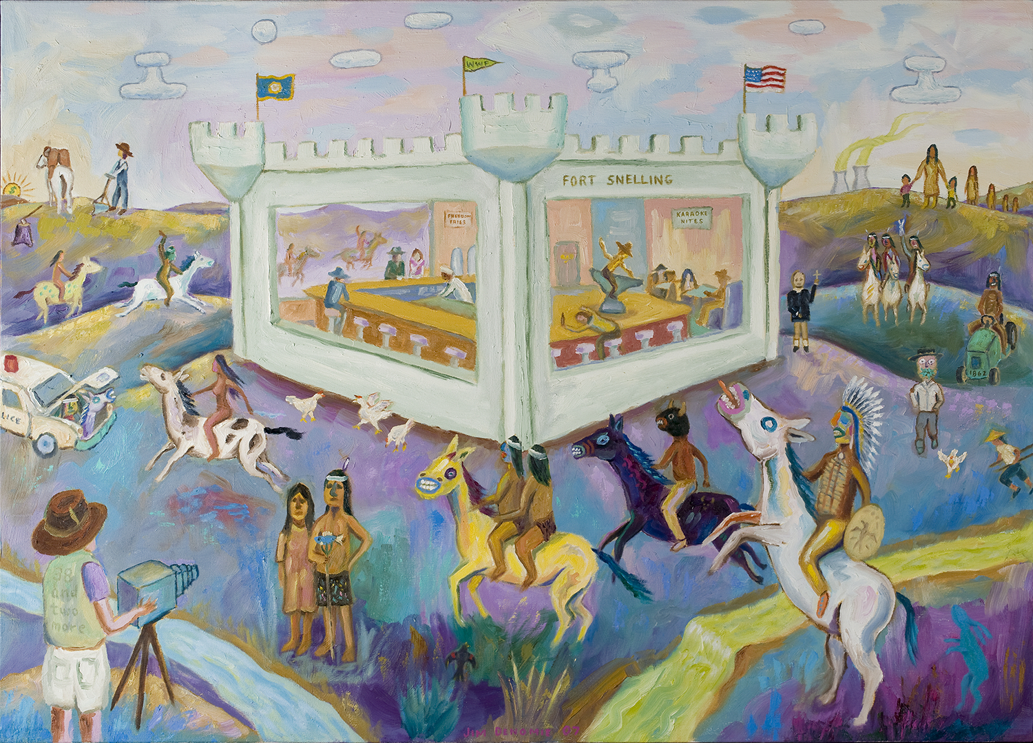 Painting of people on horses around a castle