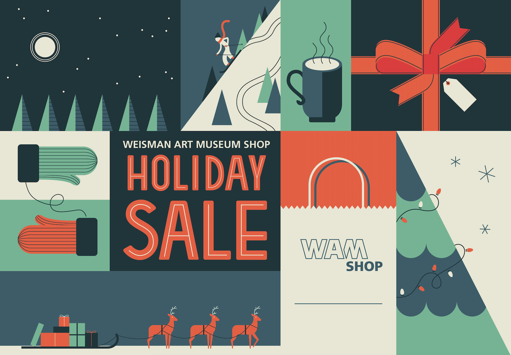 text "Weisman Art Museum Shop Holiday Sale" surrounded by mittens, santa's sleigh, snowy sky, person skiing, mug of hot coco, wrapped present, and gift bag