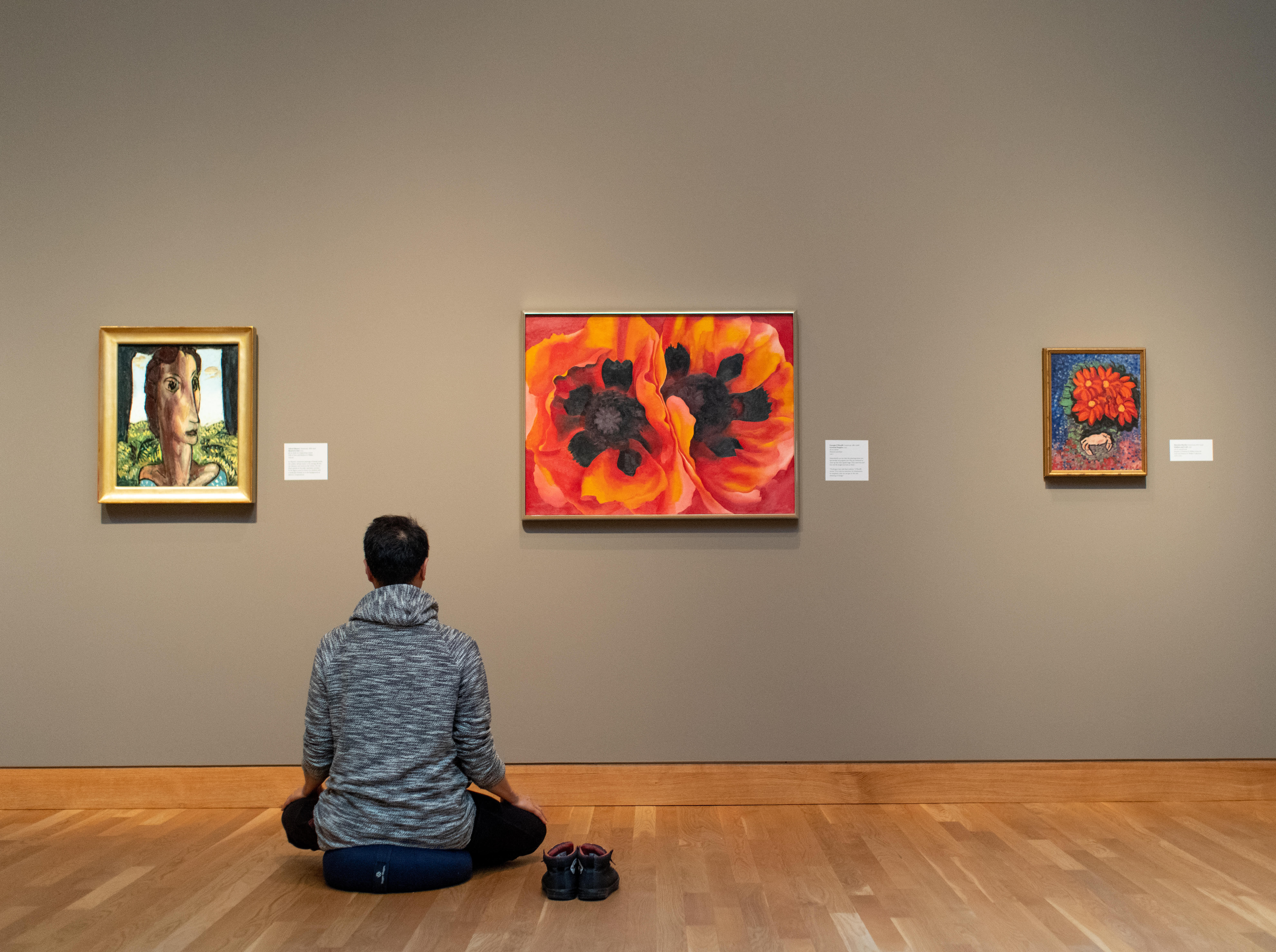 A person sitting on the floor looking at art