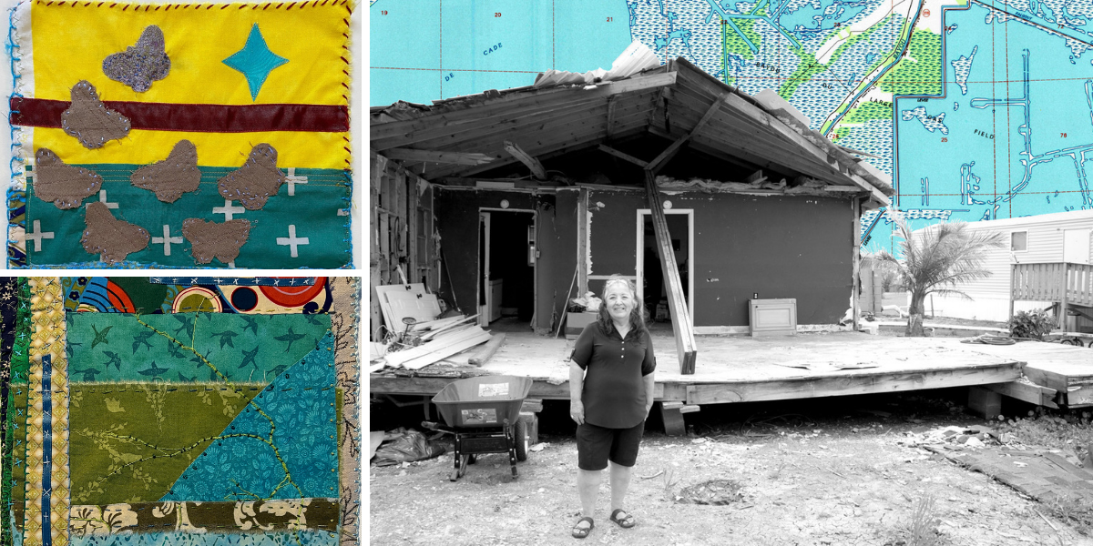 At left, details of two textile works by Karen Goulet in fabric and stitchery, quilted squares with yellow and burgundy with butterflies sewn across the middle. At right, a photo of a resident of the LA bayou in black and white, against the background of a map of the river region
