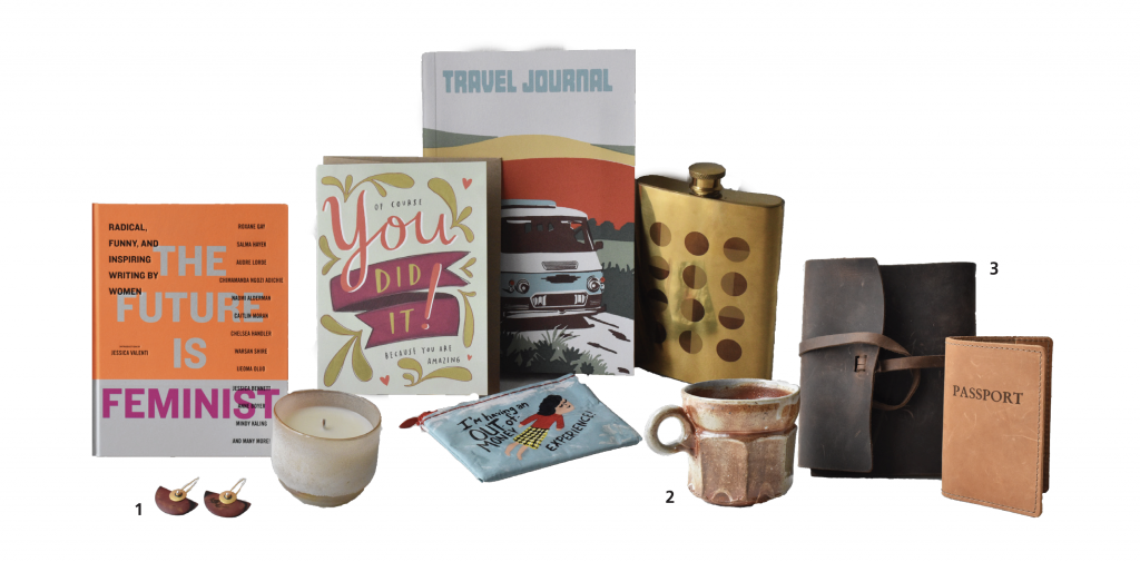 Books, cups, and book covers from the WAM shop