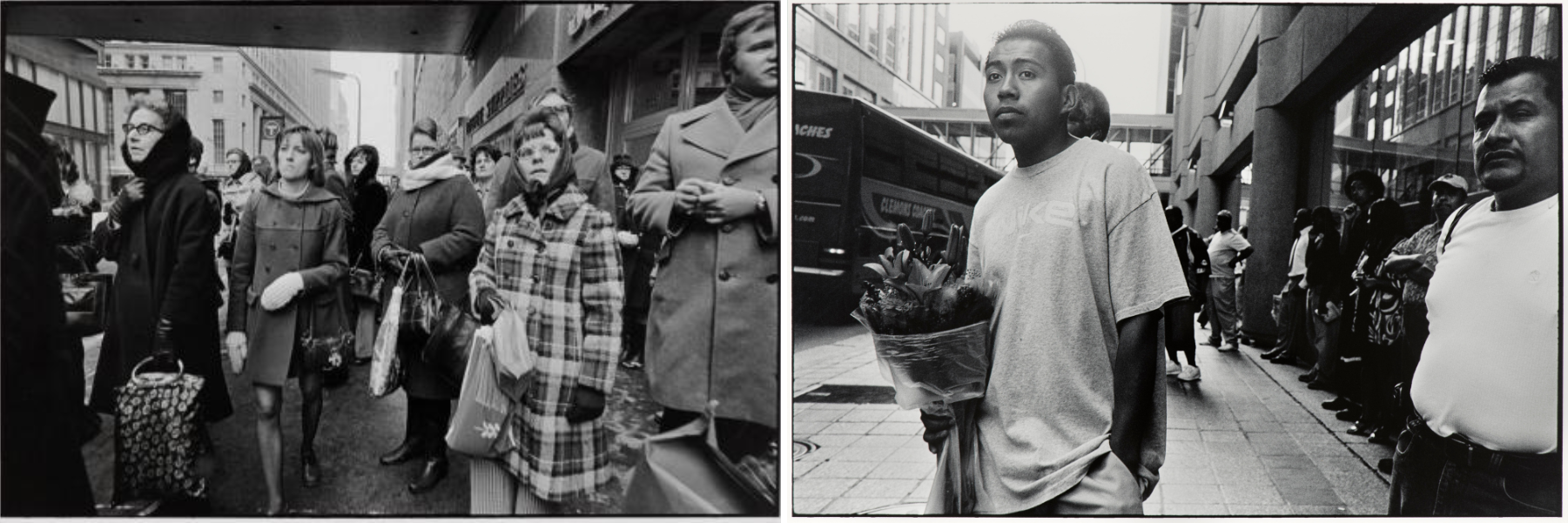 Two black and white bus stop scenes. At left, a crowd of people from the 1970s peer down the street, looking for their bus. They are dressed in winter coats and period clothing. At right, a young man with medium dark skin is in the foreground, dressed in a white t-shirt and carrying a bouquet of flowers. He's at a bus stop, with other waiting passengers, waiting for his bus to arrive.