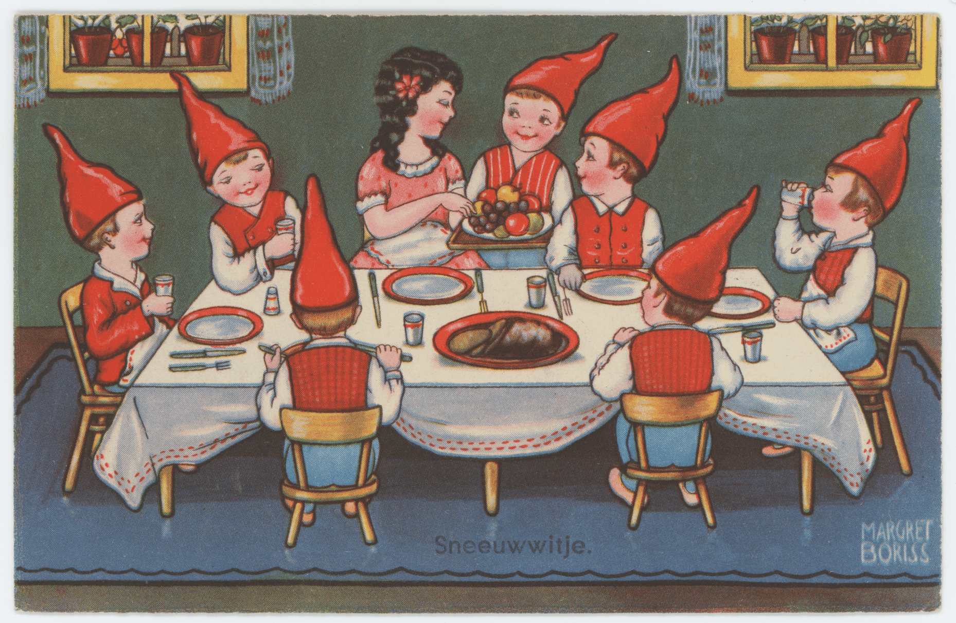 young girl sitting at table with gnomes eating dinner