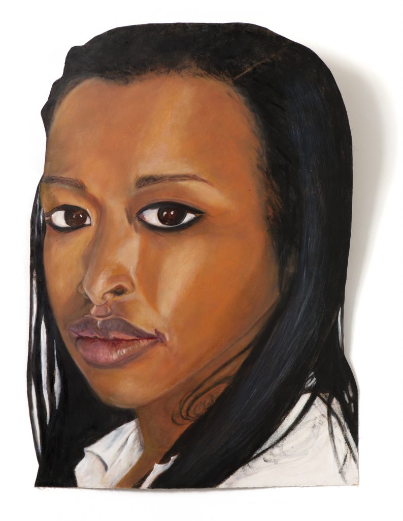 Painted portrait of a young black woman in a white shirt