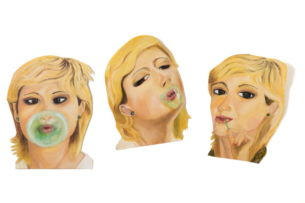 3 painting headshots of a white woman chewing gum