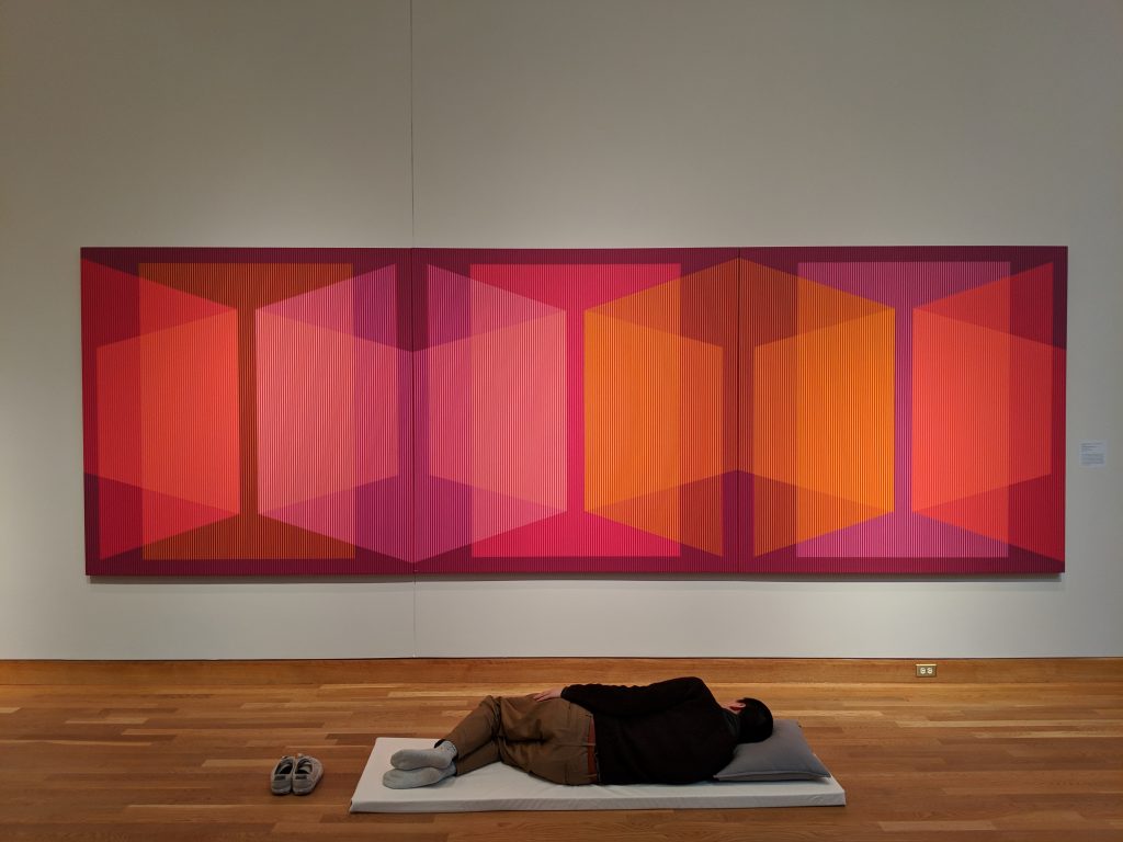A person sleeping in front of an artpiece