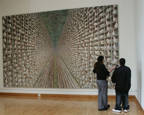 student and teacher talk in front of painting "Untitled" by Douglas Argue