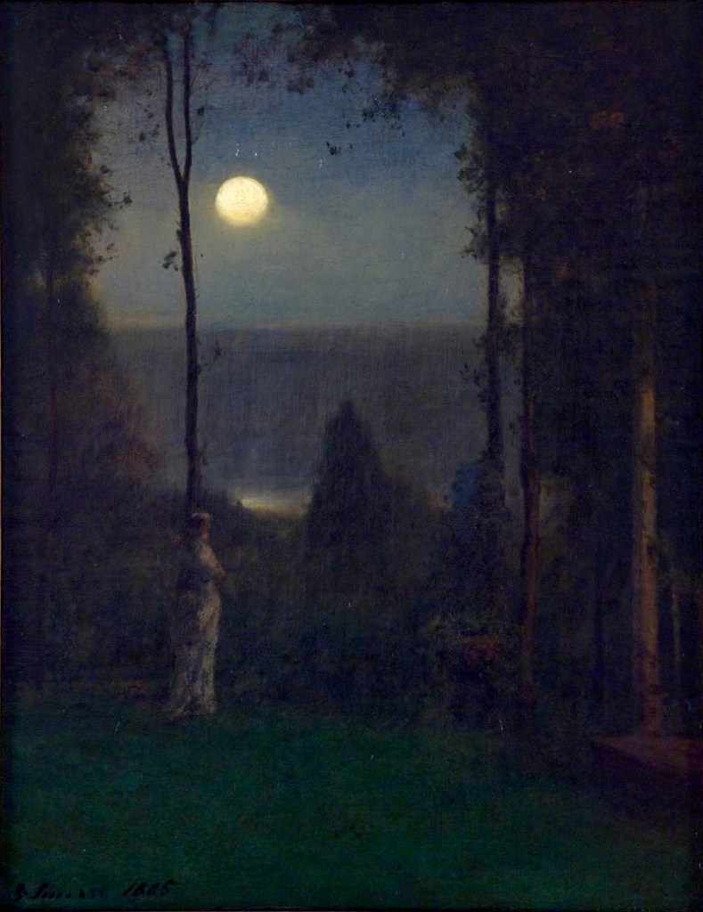 person standing in a garden beneat full moon