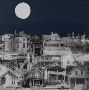 Three layers of collaged, black and white buildings occupy most of the frame. A white moon sits at the top left corner of a dark blue sky.
