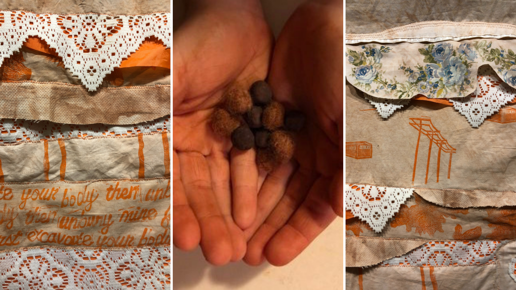 Images of textile pieces created by Shanai Matteson using cloth or fiber gathered from women on Minnesota's Iron Range, and dyed in community workshops using iron-rich overburden - rock that is considered waste by taconite mining companies.