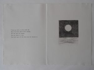 A black and white drawing of a moon over the horizon