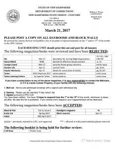 An official document of New Hampshire's Department of Corrections, "to be posted on all dayrooms and block walls." Rejected titles include "GQ", "Outdoor Life", and "Popular Mechanics." There's also a space for "ACCEPTED" and "UNDER FURTHER REVIEW" titles, with specific page numbers and reasons for rejection.
