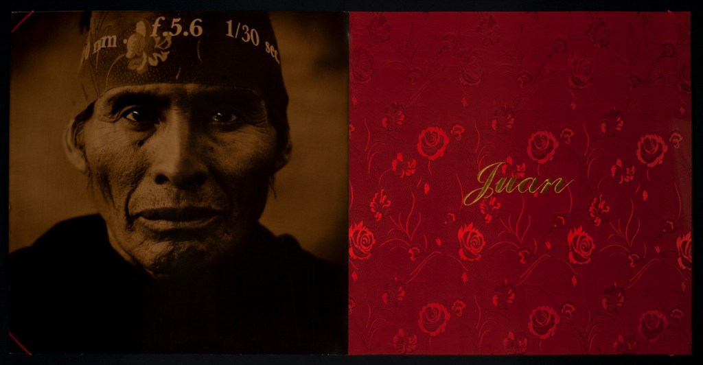 photograph of person wearing bandana beside an embroidered fabric that reads "Juan"