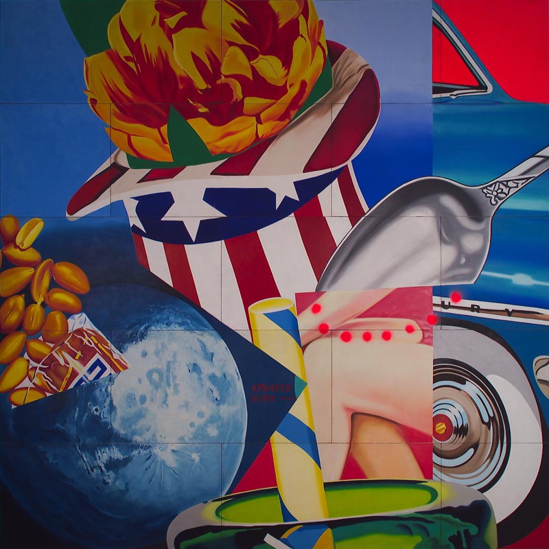 mural of the moon, a silver spoon, a car, flowers, peanuts, and an American Flag-patterned hat
