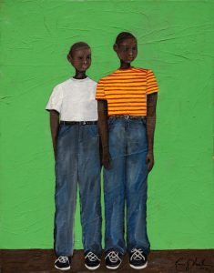 A portrait of two of Rose's brothers as children, standing tall against a green background.