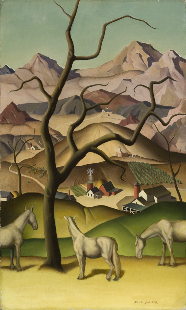 horses beneath a bare tree with a collection of houses and mountains in the background