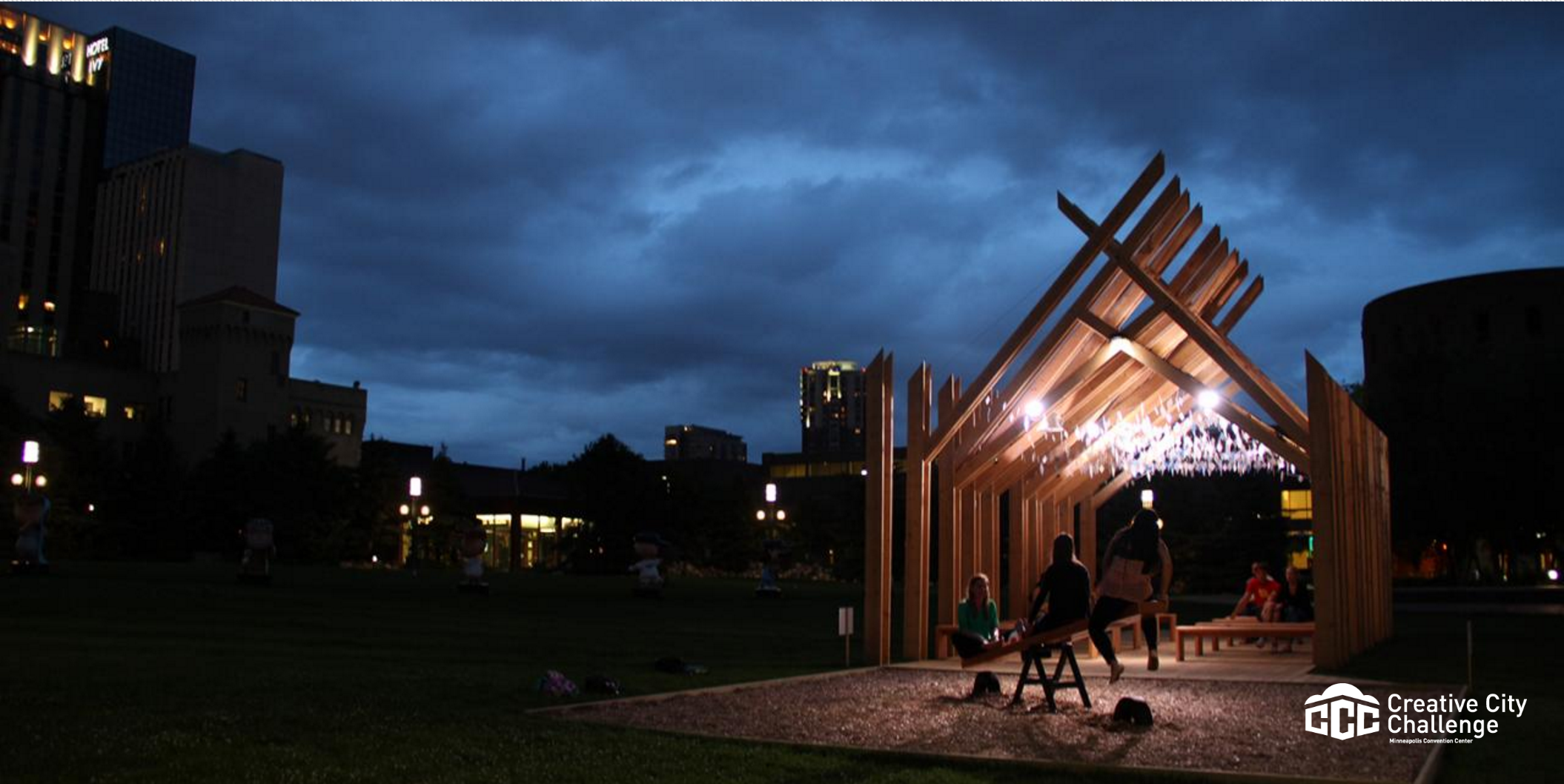 A wooden structure at night