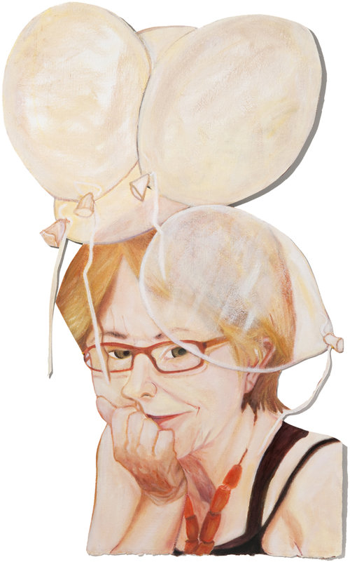 A white woman with orange hair and white balloons.