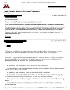 A screenshot of a redacted email sent from the State of Tennessee DOC which declares that a disapproved list is maintained individually by each institution, and that requests for Public Records must be Tennessee citizens.