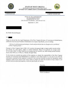 A screenshot of a redacted email sent from the State of West Virginia stating that the sender only has permission to inspect public records "within the custody of a state agency."