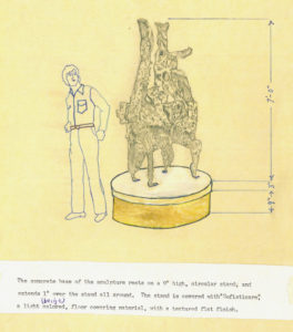 Yellow drawing of a person next to a sculpture