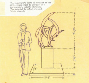 Yellow drawing of a person next to a sculpture