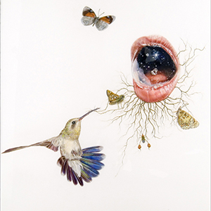 a disembodied mouth, butterflies, and hummingbird