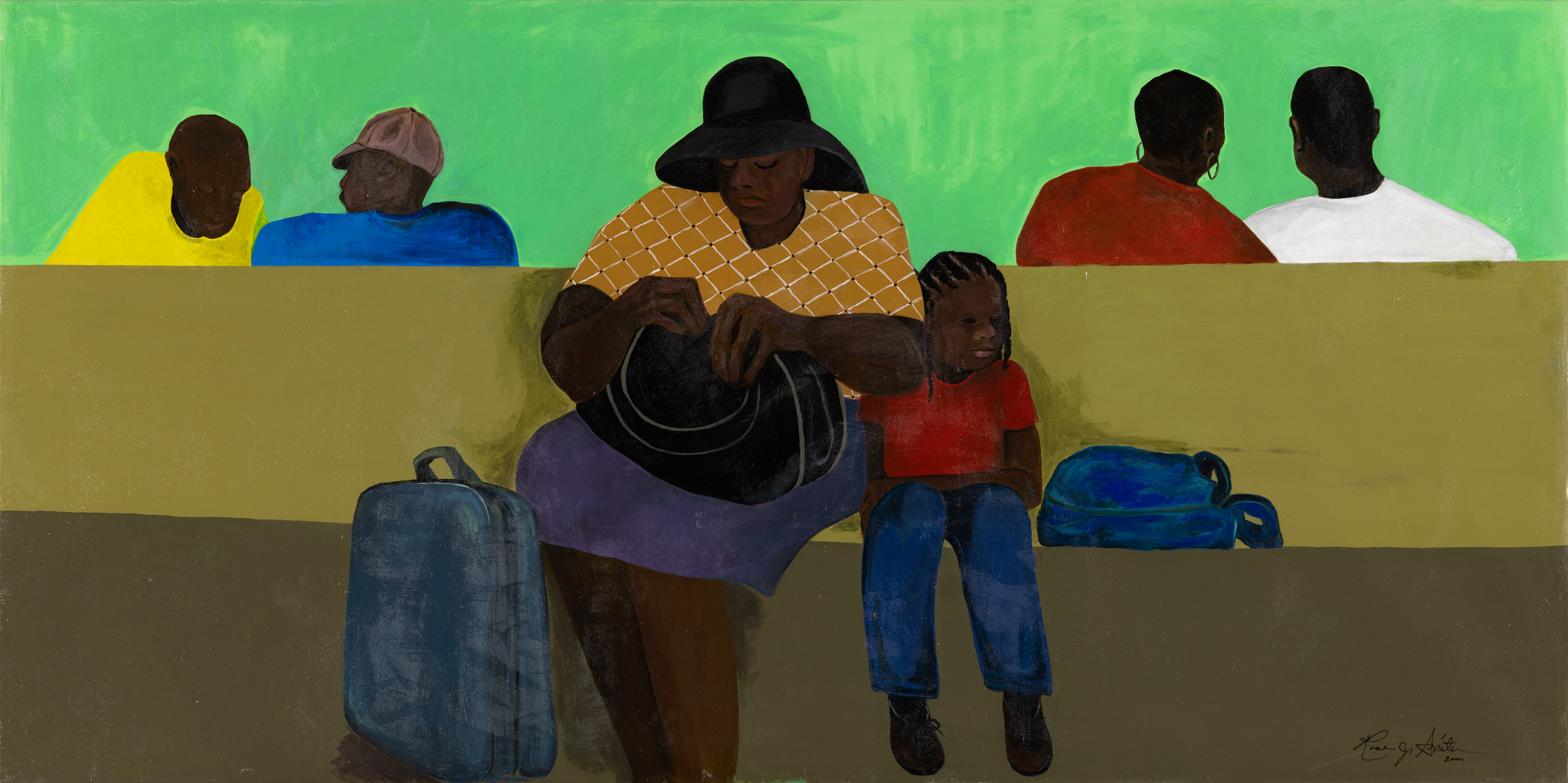 person sitting with child and bags, surrounded by other people sitting