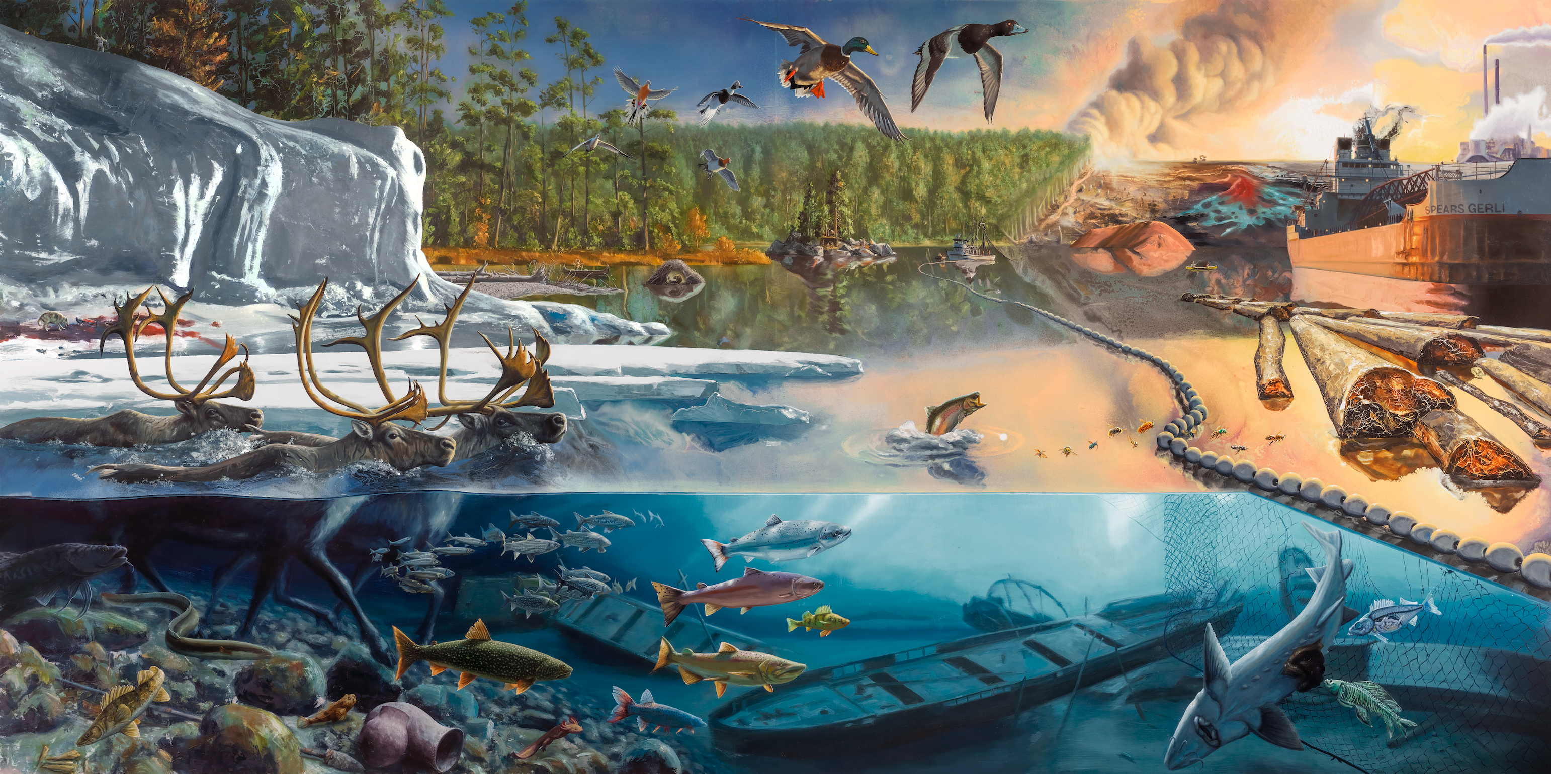 painting of wildlife and industry above and below water