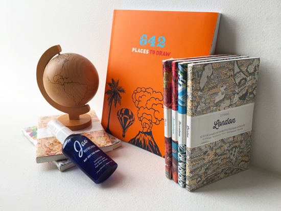 CITIx60 City Guides ($9.95), Jao Refresher ($10.50), Kikkerland Wood Globe ($30.00), 642 Places to Draw ($16.95).